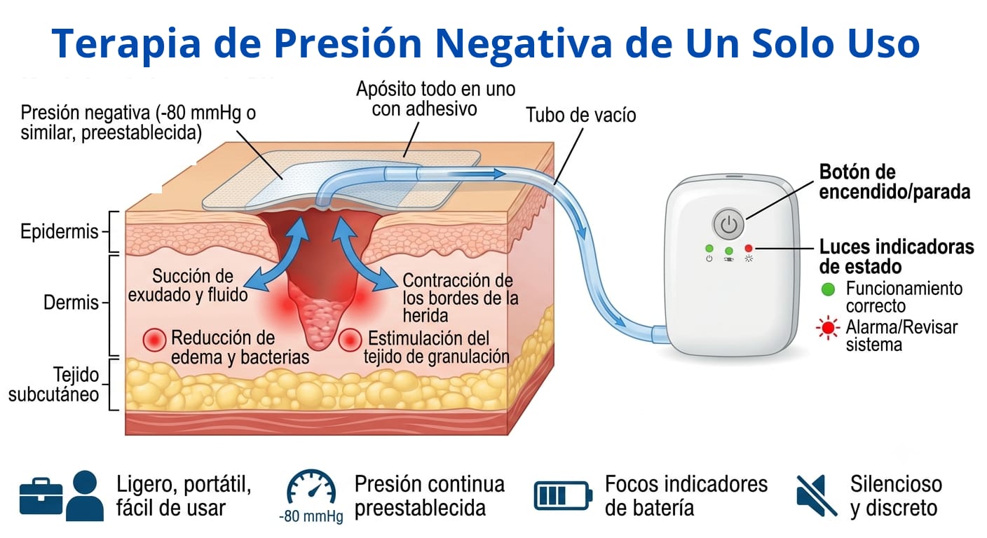 Esquema de la terapia de presión negativa de un solo uso con apósito todo en uno y unidad portátil