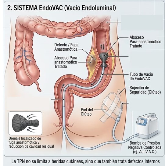 Esquema del sistema EndoVAC de vacío endoluminal para drenaje localizado de fuga anastomótica y reducción de cavidad residual