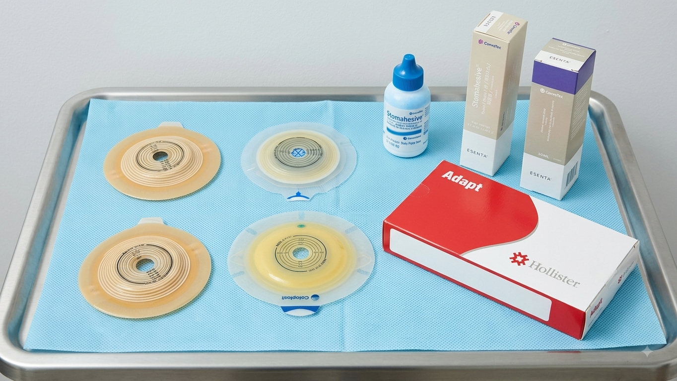 Barreras cutáneas, protectores y accesorios para el cuidado del estoma dispuestos en una charola clínica