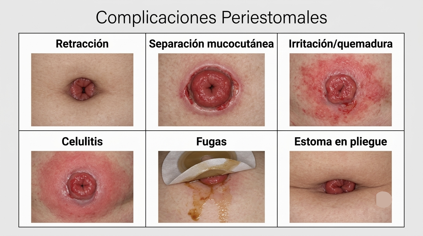 Complicaciones periestomales: retracción, separación mucocutánea, irritación o quemadura, celulitis, fugas y estoma en pliegue