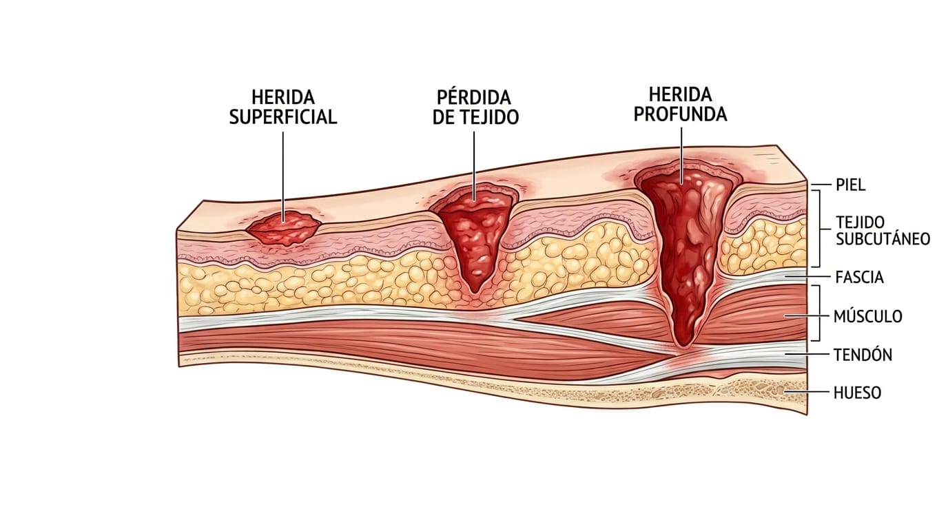 Corte anatómico que muestra una herida superficial, una pérdida de tejido y una herida profunda que alcanza fascia, músculo y tendón