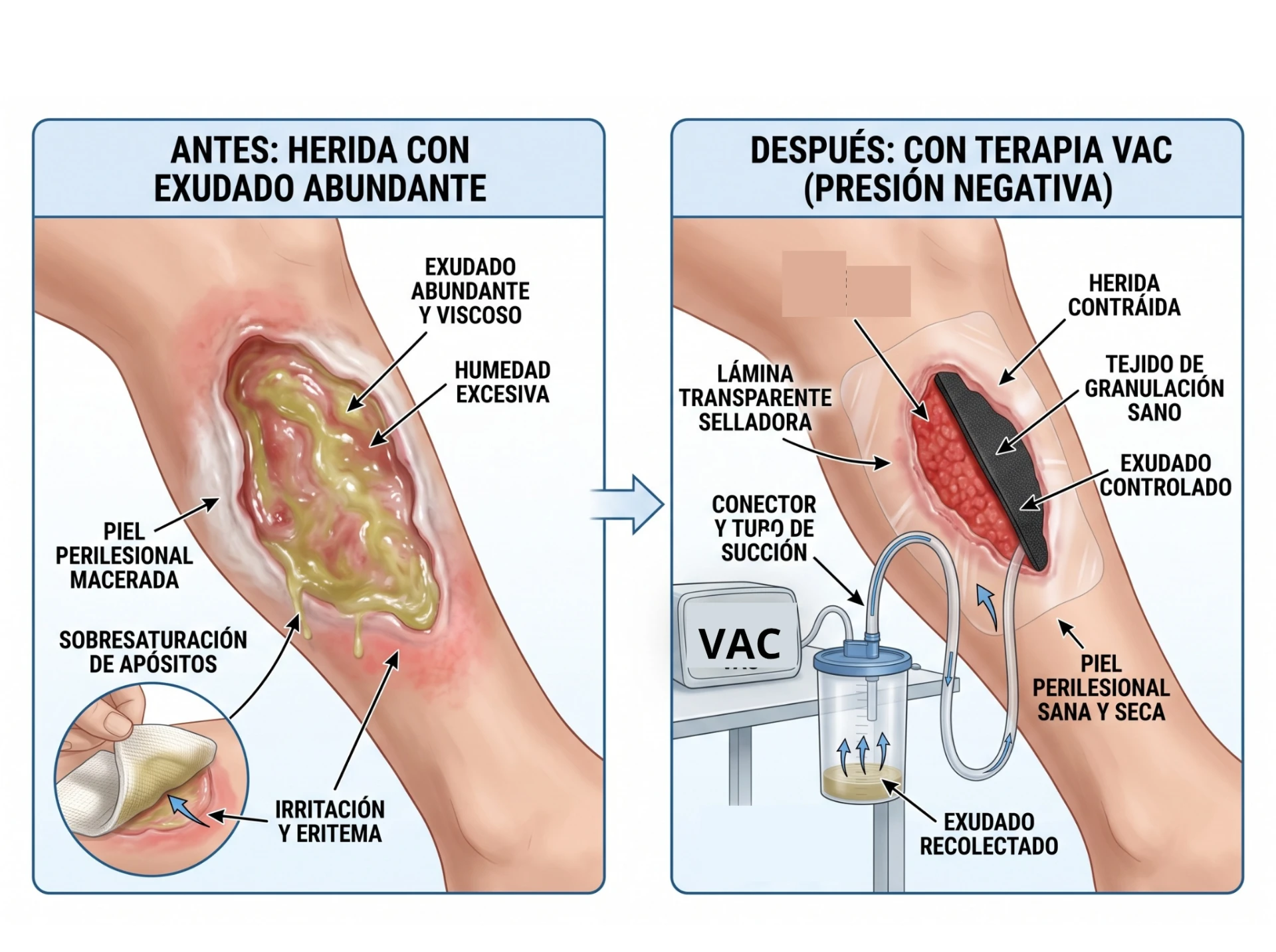 Comparación ilustrada de una herida antes, con exudado abundante e irritación perilesional, y después con terapia de presión negativa VAC, mostrando tejido de granulación sano y exudado controlado