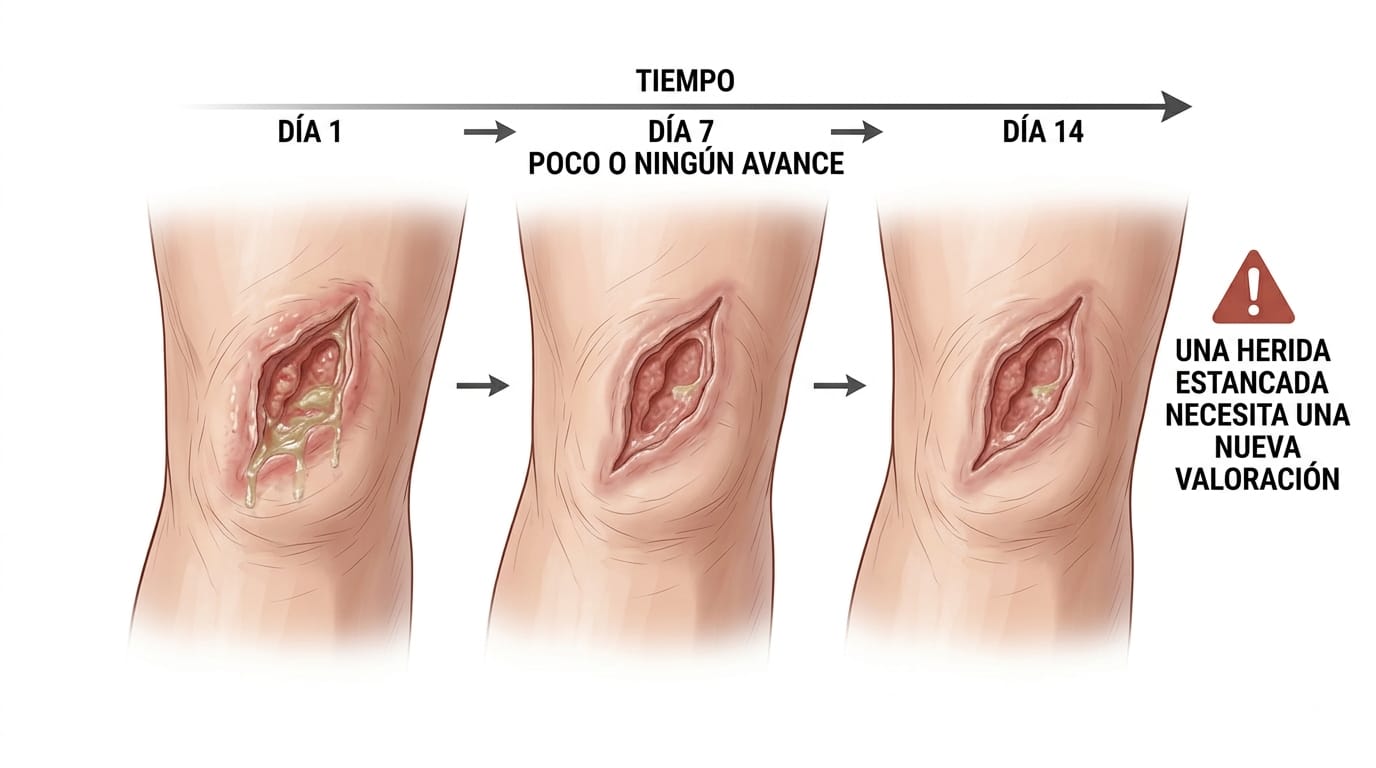 Secuencia de una herida en el día 1, día 7 y día 14 con poco o ningún avance: una herida estancada necesita una nueva valoración