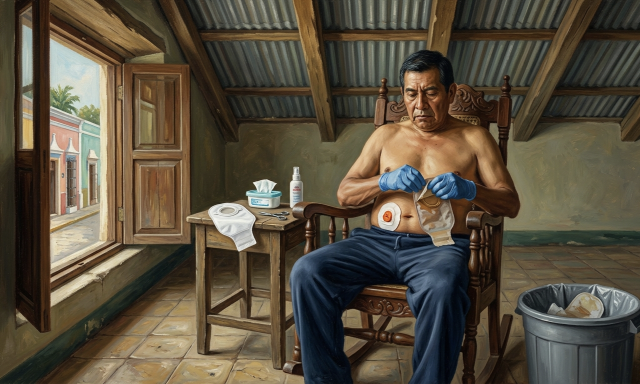 Ilustración de un paciente realizando el cambio de su sistema colector en casa