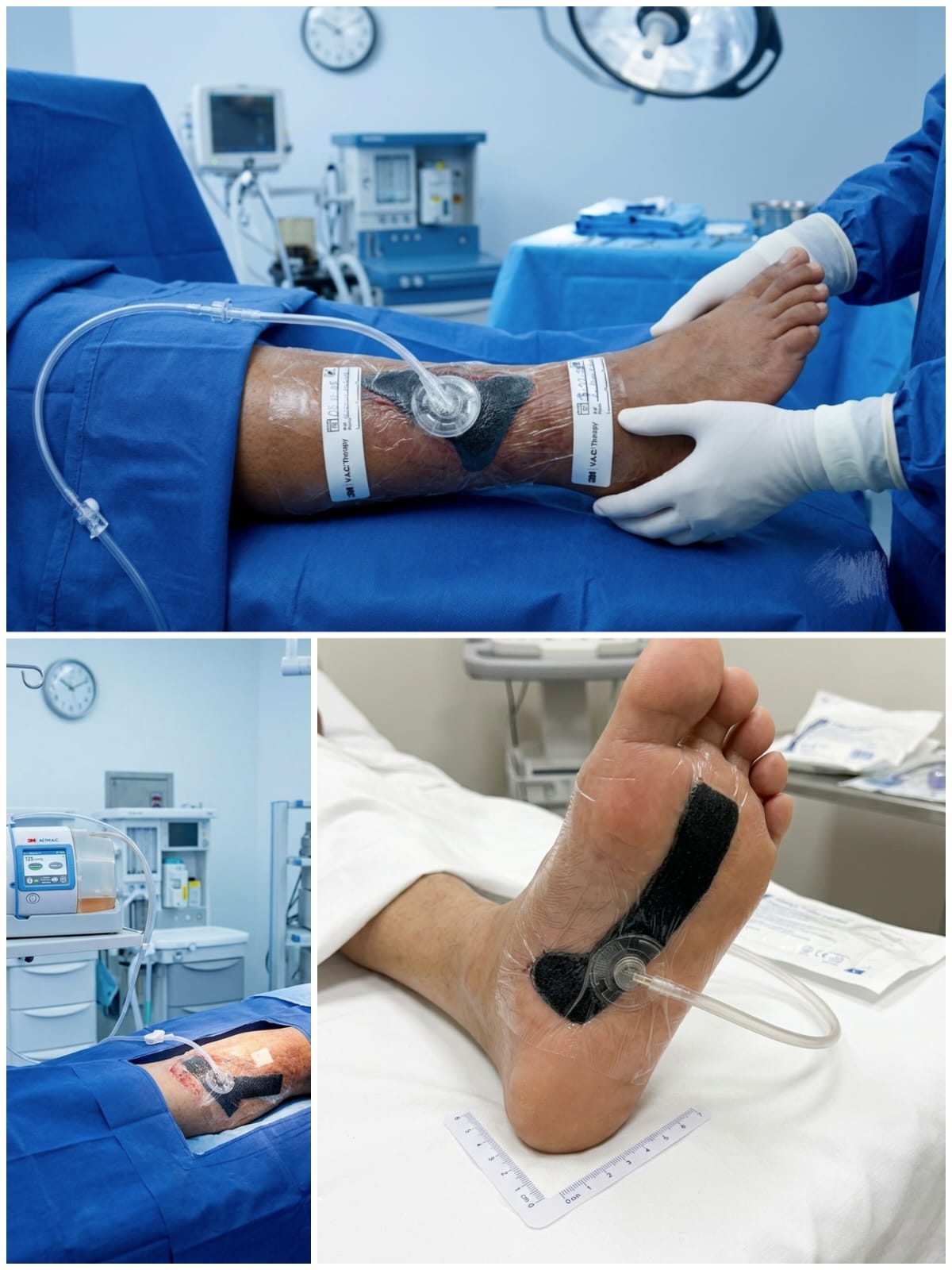 Aplicación de terapia de presión negativa en pierna y planta del pie con equipo y apósitos de espuma