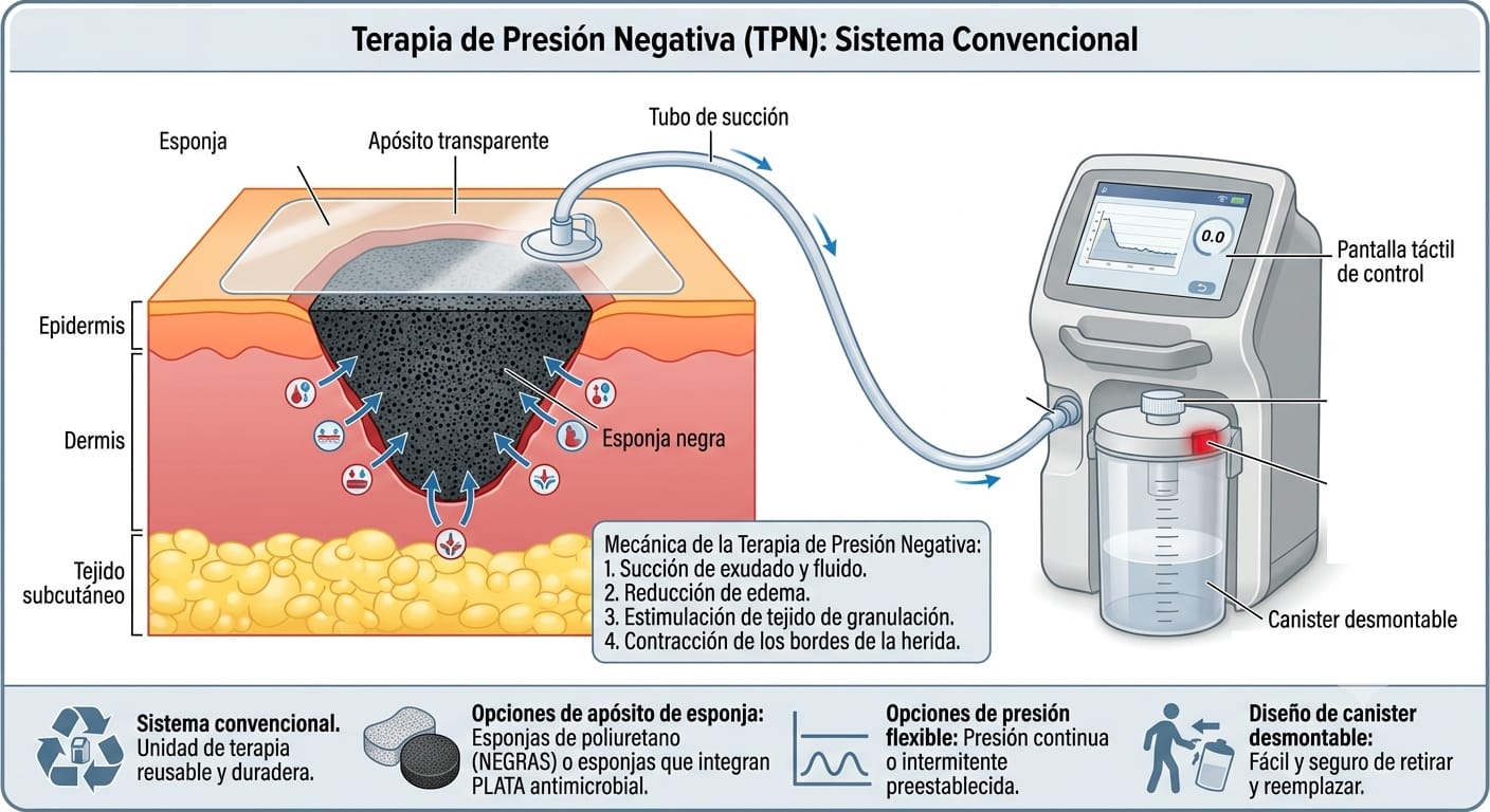 Esquema del sistema convencional de terapia de presión negativa con esponja, apósito transparente, tubo de succión, unidad de terapia y canister