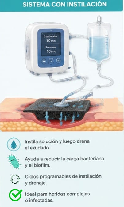 Esquema del sistema de presión negativa con instilación: unidad de terapia, bolsa de solución y ciclos de instilación y drenaje