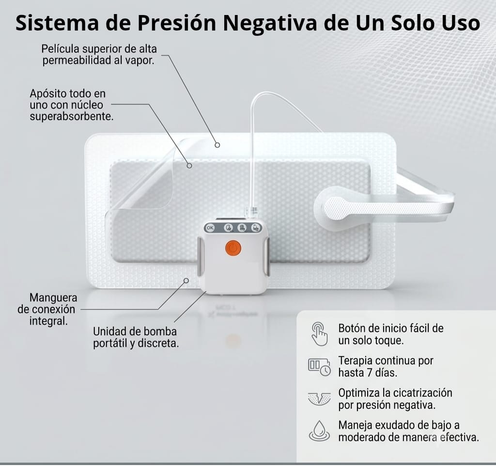Componentes de un sistema de presión negativa de un solo uso: apósito superabsorbente, manguera de conexión y bomba portátil