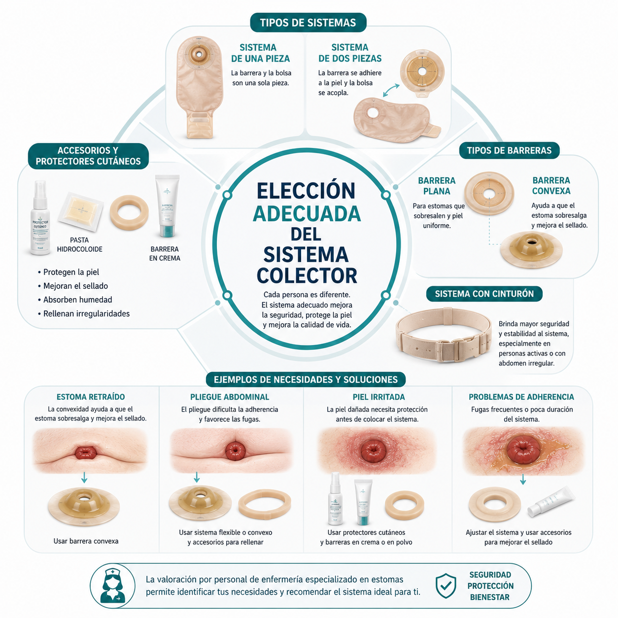 Infografía sobre la elección adecuada del sistema colector: tipos de sistemas, tipos de barreras, accesorios y ejemplos de necesidades