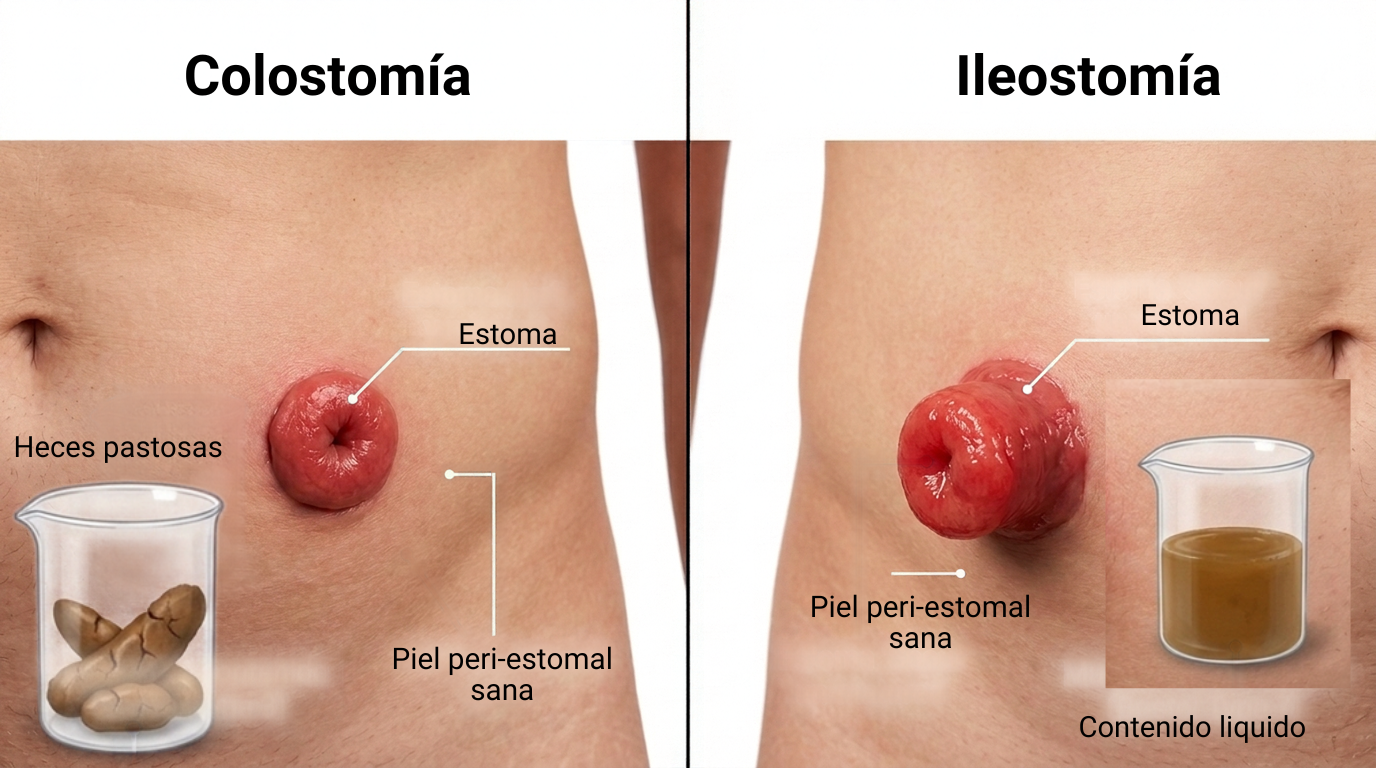 Comparación entre colostomía con heces pastosas e ileostomía con contenido líquido y piel periestomal sana