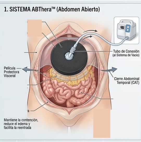 Esquema del sistema ABThera para abdomen abierto: película protectora visceral, cierre abdominal temporal y conexión a bomba de vacío