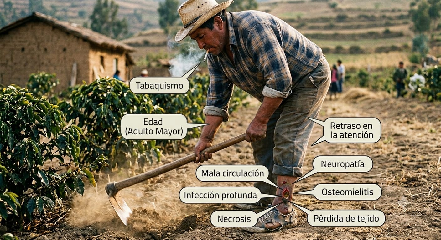 Trabajador del campo con señalamientos de factores de riesgo del pie diabético: tabaquismo, edad, retraso en la atención, neuropatía, mala circulación, infección profunda y necrosis