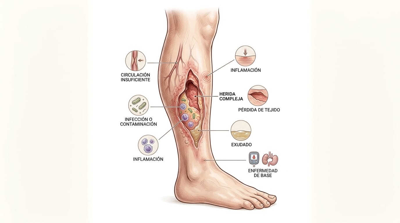 Ilustración de una pierna con una herida compleja y los factores que influyen: circulación insuficiente, infección, inflamación, pérdida de tejido, exudado y enfermedad de base