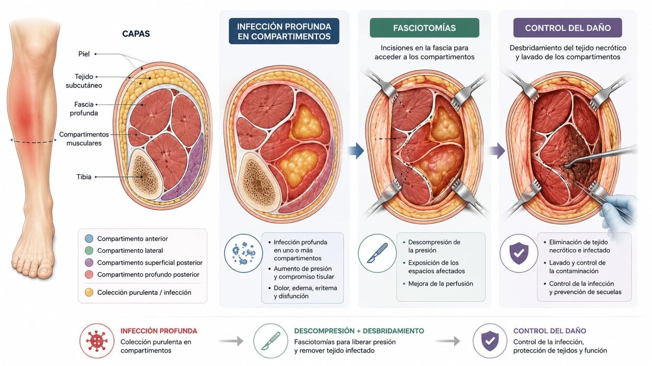 Esquema de infección profunda en compartimentos de la pierna, fasciotomías descompresivas y control del daño mediante desbridamiento y lavado