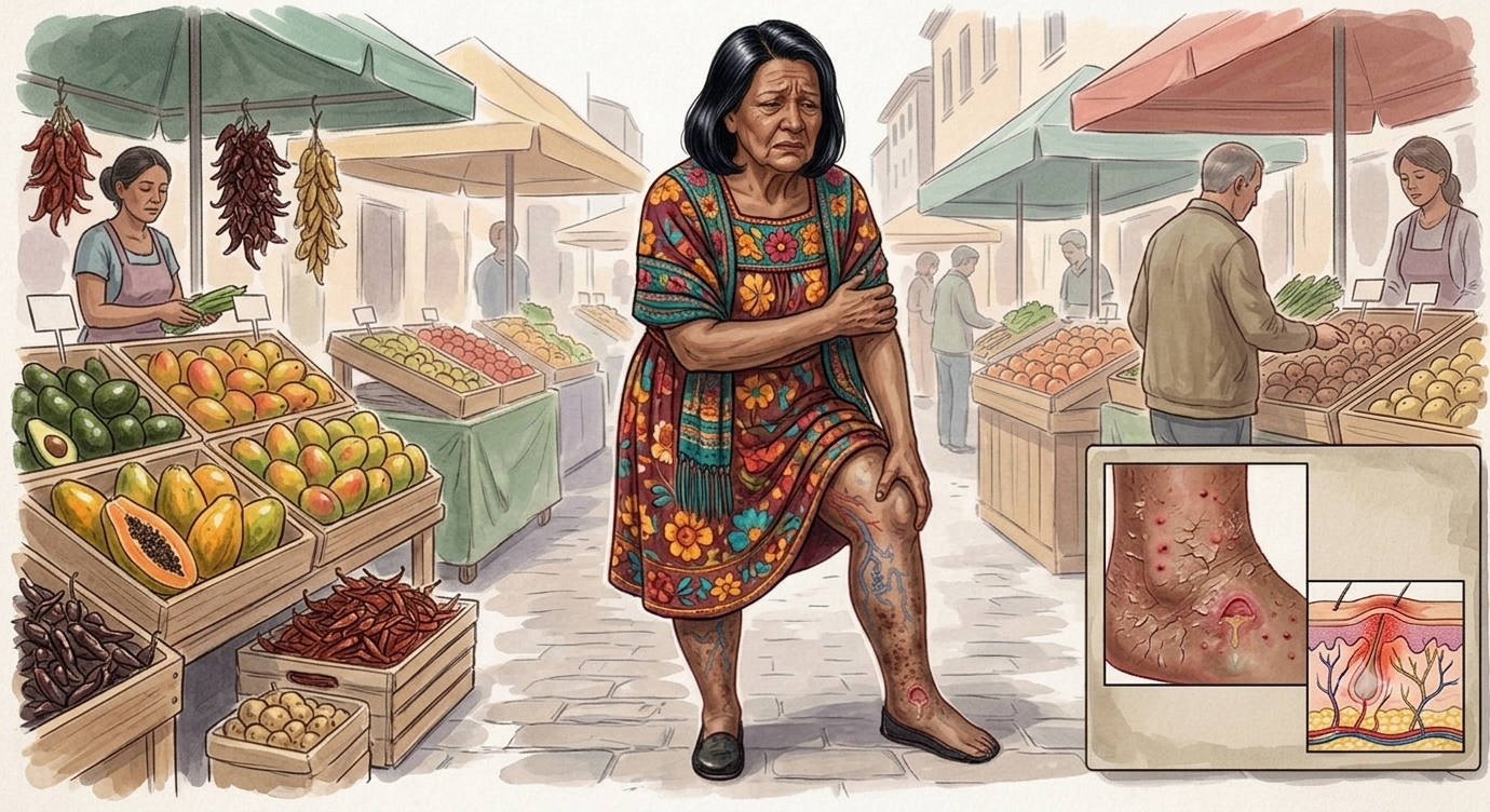 Ilustración de una mujer en un mercado con dolor en la pierna, várices y una úlcera venosa cerca del tobillo