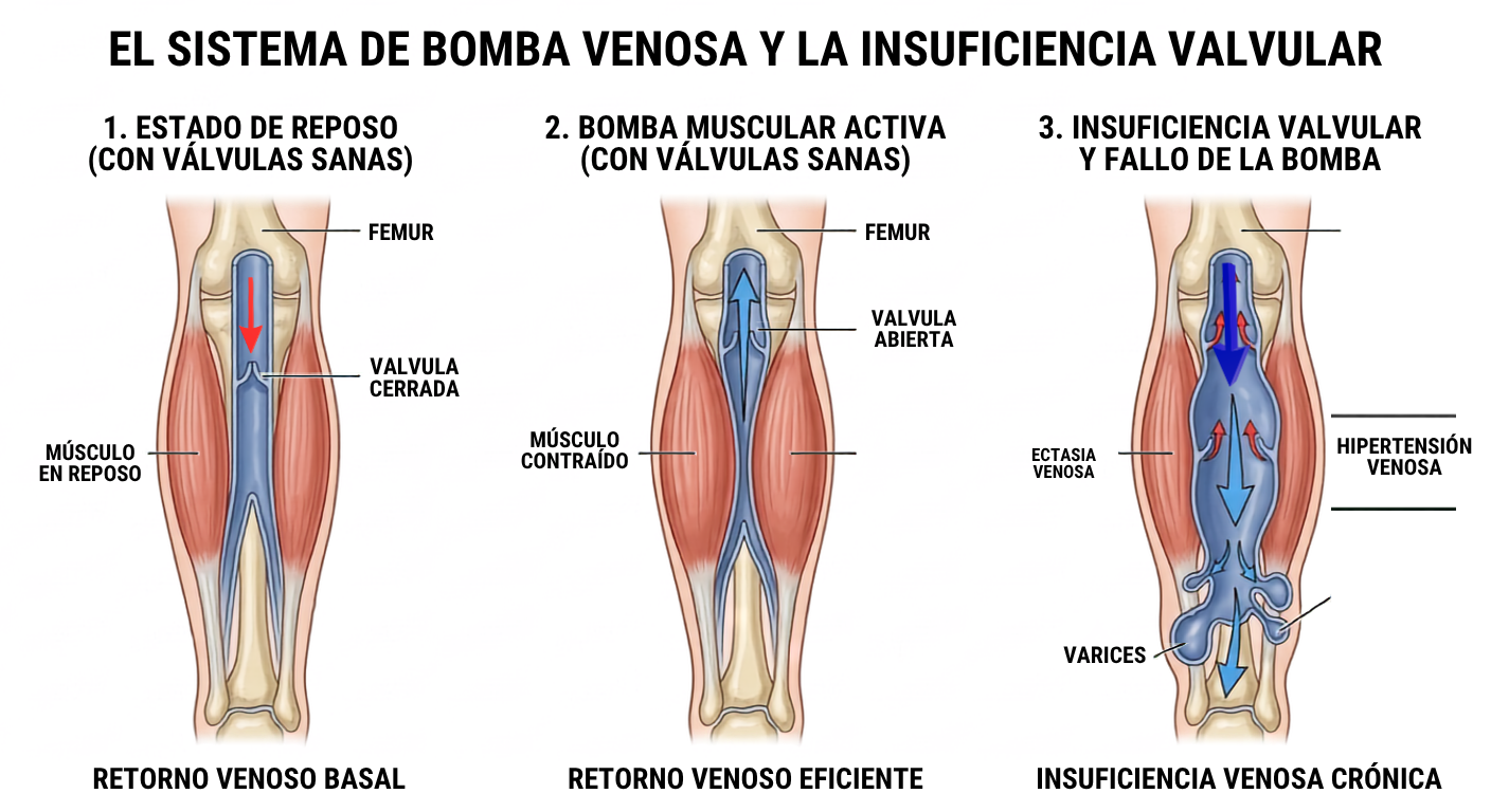 Esquema del sistema de bomba venosa: reposo con válvulas sanas, bomba muscular activa e insuficiencia valvular con hipertensión venosa