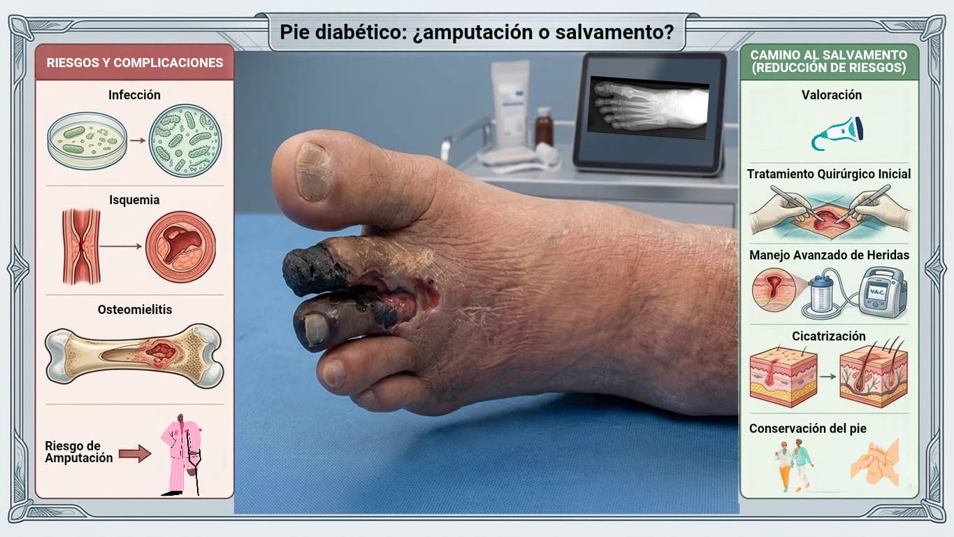 Comparación entre los riesgos del pie diabético (infección, isquemia, osteomielitis) y el camino al salvamento de la extremidad