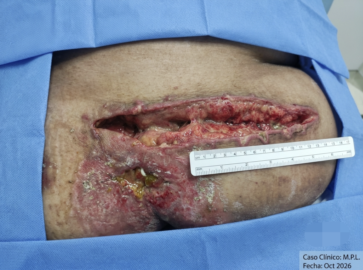Caso clínico de estoma retraído en pliegue con celulitis y dehiscencia de la herida abdominal
