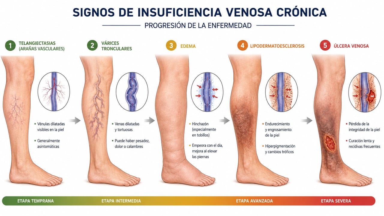 Progresión de la insuficiencia venosa crónica: telangiectasias, várices, edema, lipodermatoesclerosis y úlcera venosa