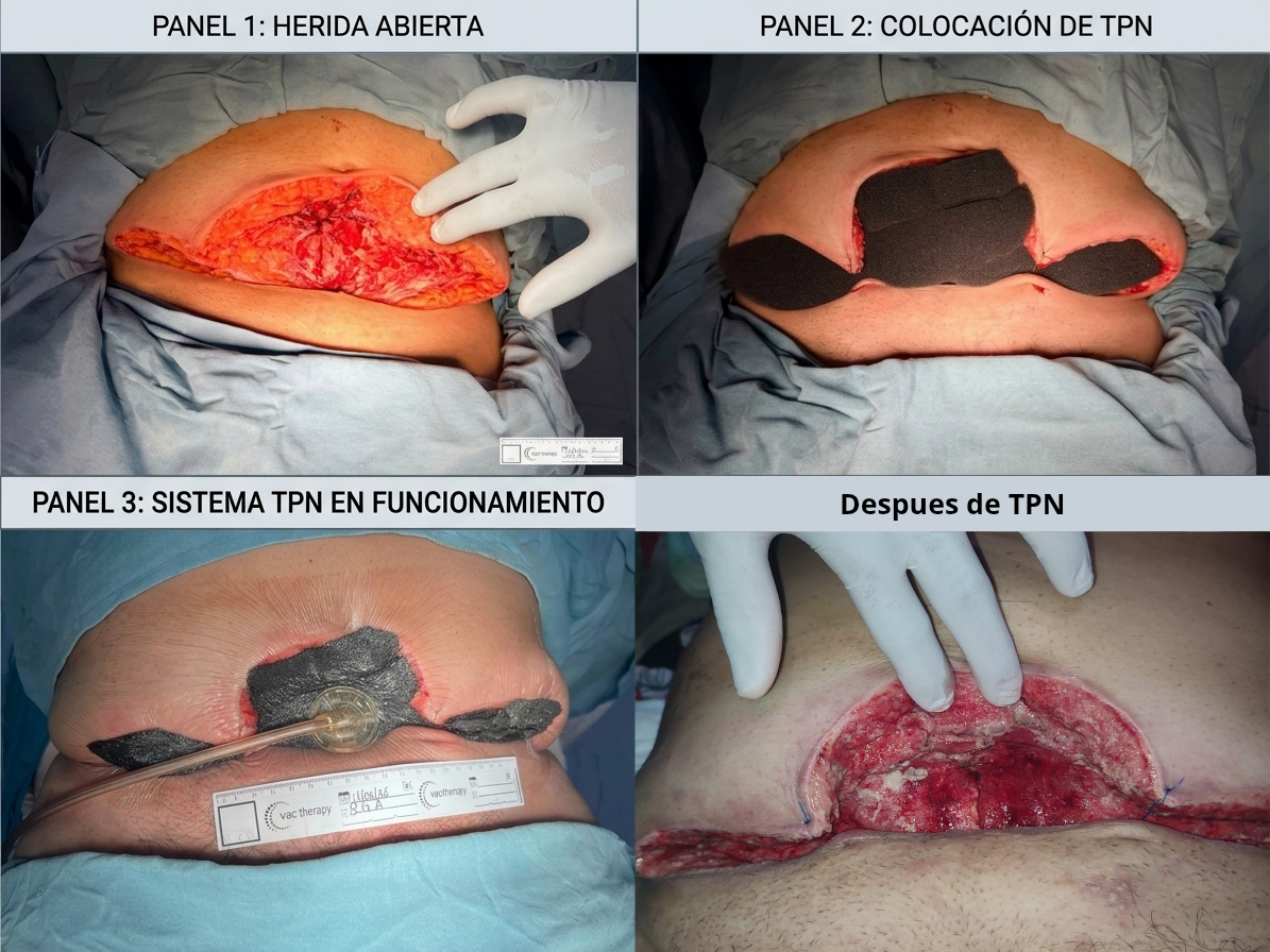 Secuencia clínica de una herida abdominal abierta, colocación de la esponja, sistema de presión negativa en funcionamiento y resultado posterior