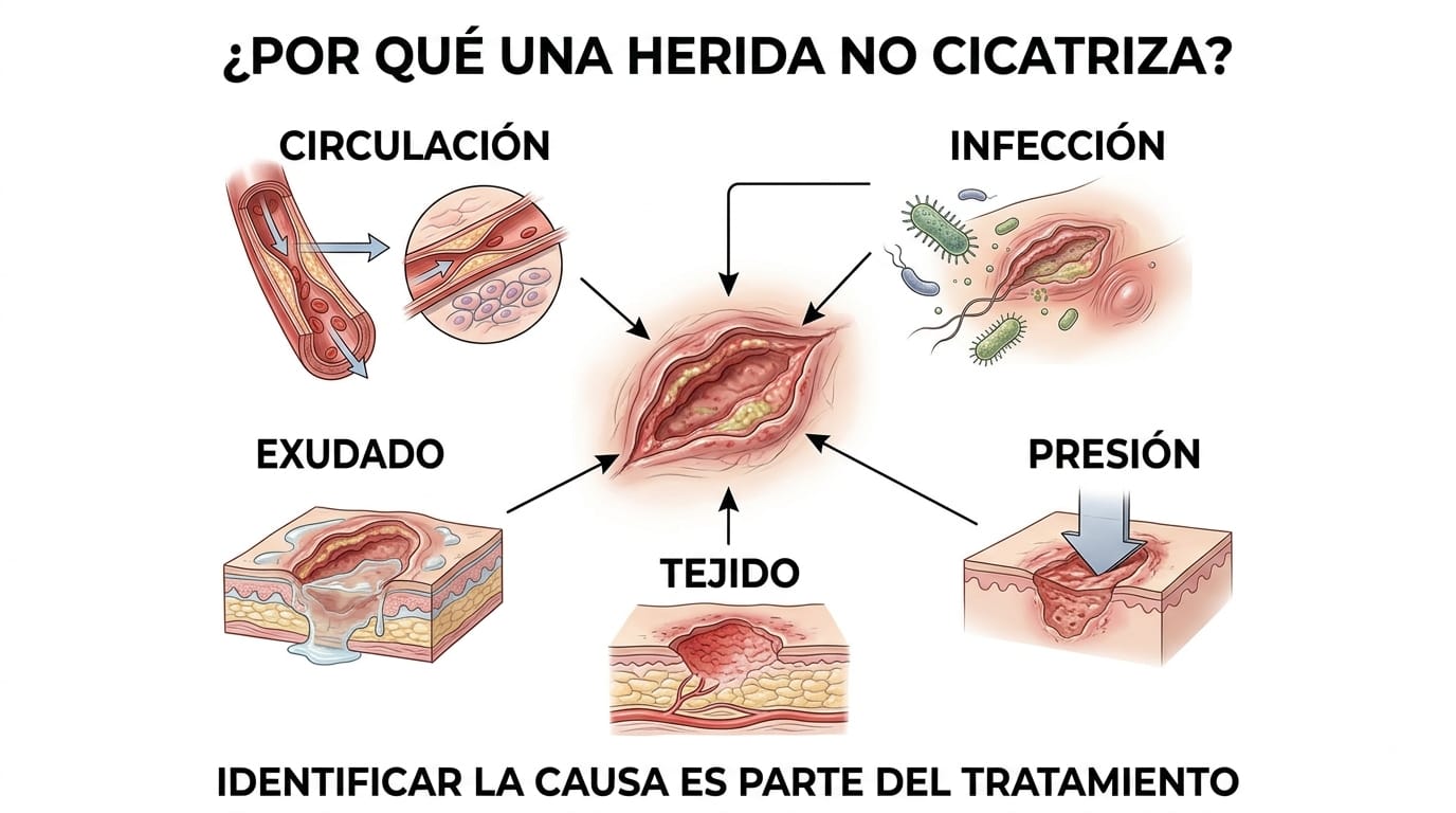 Esquema de por qué una herida no cicatriza: circulación, infección, exudado, tejido y presión
